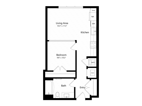Floor plan for 1 bed, 1 bath, 598 sqft